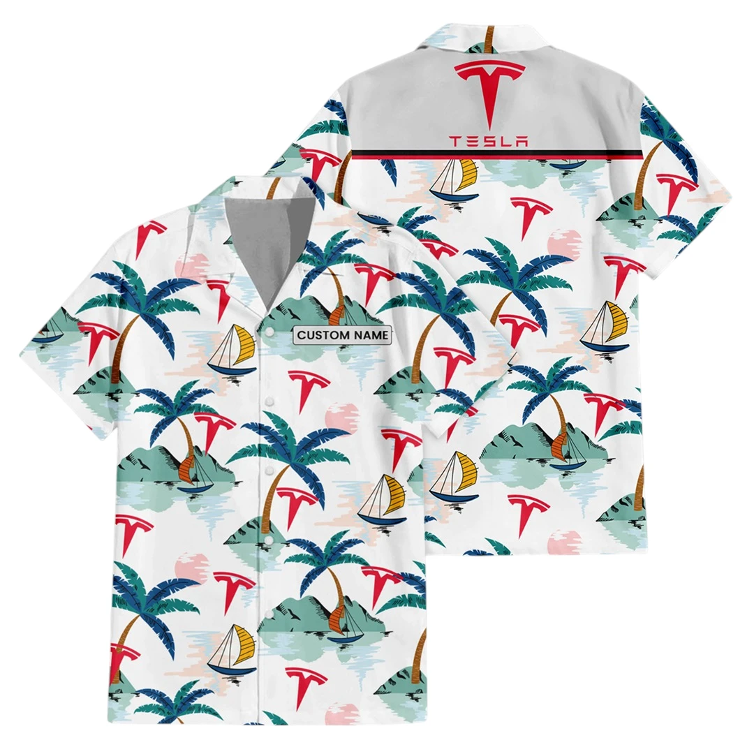 Tesla Exclusive Logo Button Up Hawaiian Shirt Tropical Landscape Pattern All-over Print, Custom Name HIDI200225Y7HWLS2TES Tesla Exclusive Logo Button Up Hawaiian Shirt Tropical Landscape Pattern All-over Print, Custom Name HIDI200225Y7HWLS2TES
