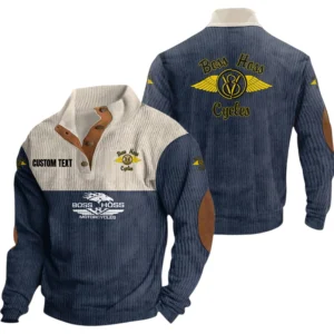 Boss Hoss Exclusive Logo Knitted Ribbed Corduroy Sweatshirt Mid Stretch Stand Collar Pullover Sweater, Custom Text HG130325Y32RCSCT1BHC