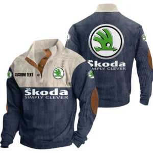 Skoda Exclusive Logo Knitted Ribbed Corduroy Sweatshirt Mid Stretch Stand Collar Pullover Sweater, Custom Text HG170325Y32RCSCT1SKO