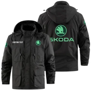 Skoda Exclusive Logo Windbreaker Jacket Hooded Detachable, Outdoor Jacket Multi Pocket, Custom Name HIDI180325Y26WMPSKO