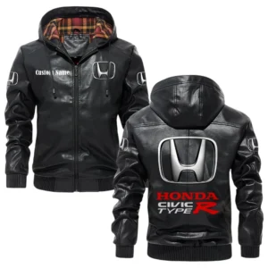 Honda Civic Exclusive Logo Hooded Jacket PU Leather x Durable Windproof Warm Soft Checkered Lining, Custom Name HG010425Y47JHLCT1HON