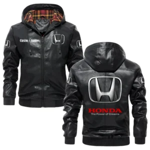 Honda Exclusive Logo Hooded Jacket PU Leather x Durable Windproof Warm Soft Checkered Lining, Custom Name HG010425Y47JHLCT3HON