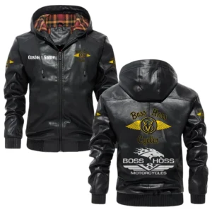Boss Hoss Cycles Exclusive Logo Hooded Jacket PU Leather x Durable Windproof Warm Soft Checkered Lining, Custom Name HG280325Y47JHLCT1BHC