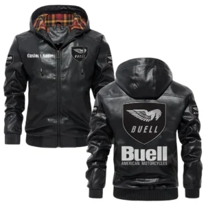 Buell Motorcycles Exclusive Logo Hooded Jacket PU Leather x Durable Windproof Warm Soft Checkered Lining, Custom Name HG280325Y47JHLCT1BUM