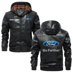 Ford Motor Exclusive Logo Hooded Jacket PU Leather x Durable Windproof Warm Soft Checkered Lining, Custom Name HG290325Y47JHLCT1FOM