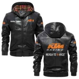 KTM Racing Exclusive Logo Hooded Jacket PU Leather x Durable Windproof Warm Soft Checkered Lining, Custom Name HG010425Y47JHLCT1KTM