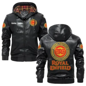 Royal Enfield Exclusive Logo Hooded Jacket PU Leather x Durable Windproof Warm Soft Checkered Lining, Custom Name HG030425Y47JHLCT1ROY