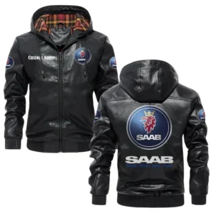 SAAB Exclusive Logo Hooded Jacket PU Leather x Durable Windproof Warm Soft Checkered Lining, Custom Name HG030425Y47JHLCT1SAA