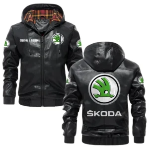 Skoda Exclusive Logo Hooded Jacket PU Leather x Durable Windproof Warm Soft Checkered Lining, Custom Name HG030425Y47JHLCT1SKO