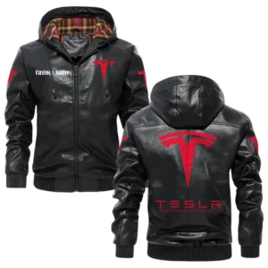 Tesla Motors Exclusive Logo Hooded Jacket PU Leather x Durable Windproof Warm Soft Checkered Lining, Custom Name HG030425Y47JHLCT1TES