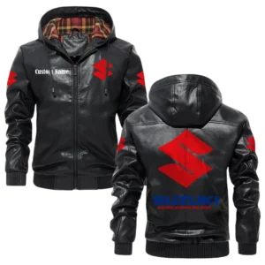 Suzuki Exclusive Logo Hooded Jacket PU Leather x Durable Windproof Warm Soft Checkered Lining, Custom Name HG030425Y47JHLCT2SUZ