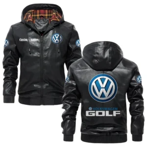 Volkswagen Golf Exclusive Logo Hooded Jacket PU Leather x Durable Windproof Warm Soft Checkered Lining, Custom Name HG040425Y47JHLCT2VOL