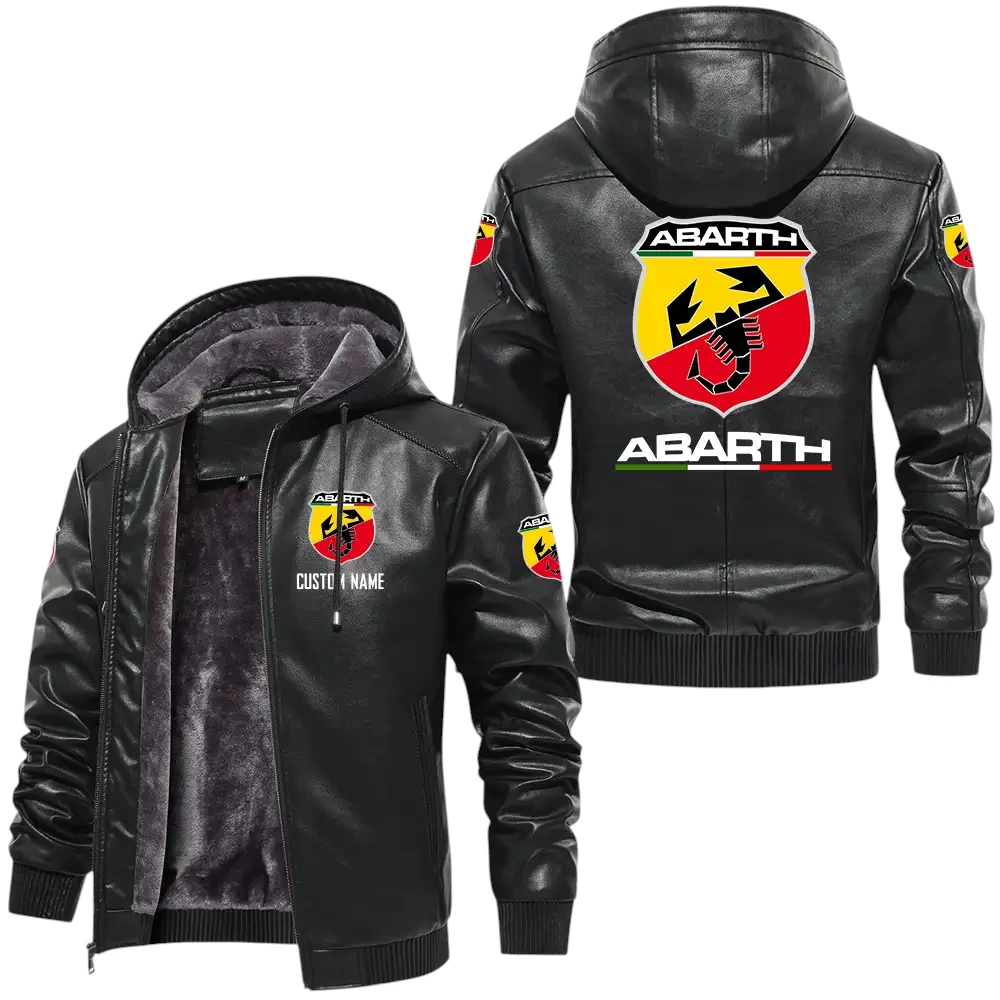 Abarth PU Leather Hooded Jacket, Mens Durable Windproof Keep Warm Soft Velvet Lined Jacket, Custom Name HG280225Y24LJHABA