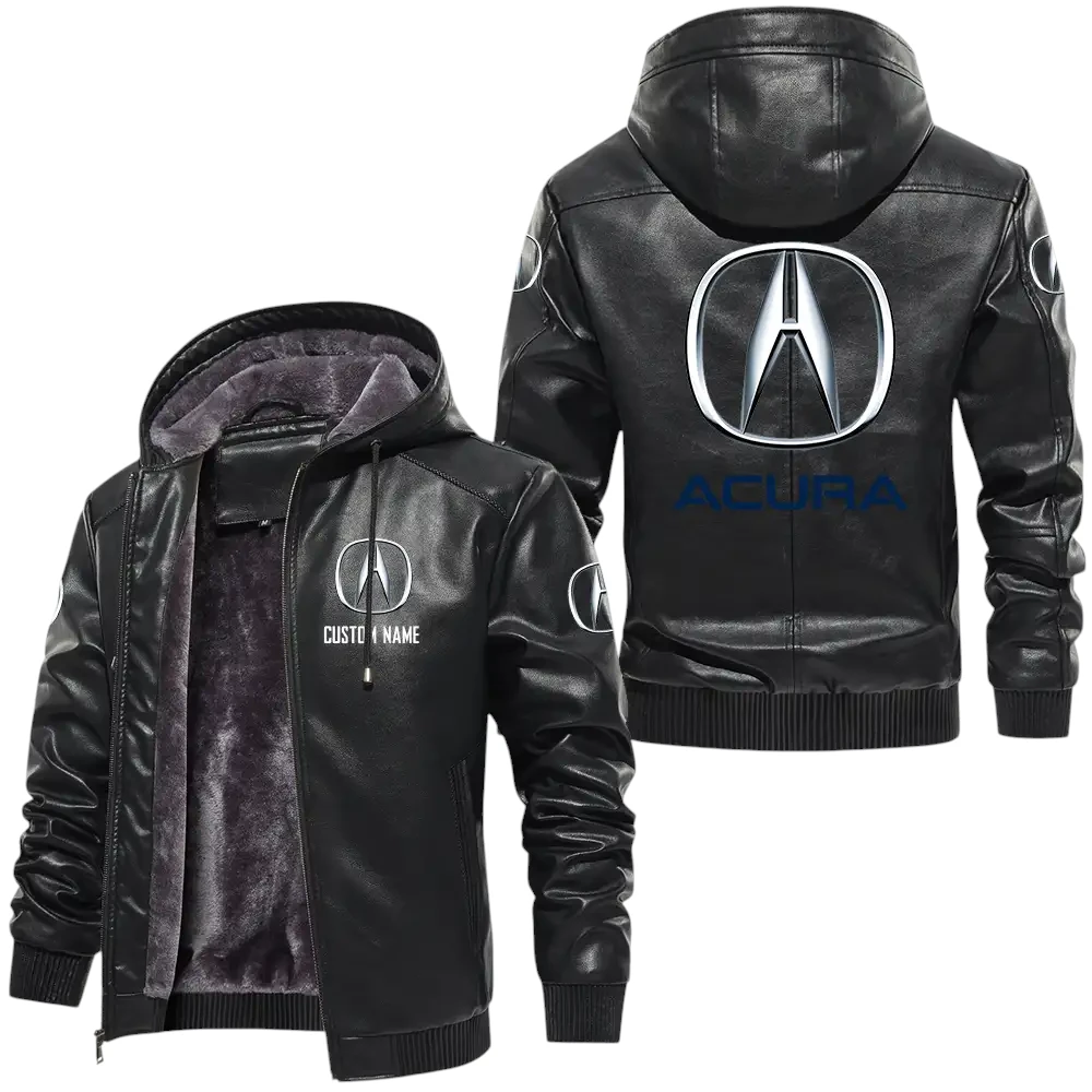 Acura PU Leather Hooded Jacket, Mens Durable Windproof Keep Warm Soft Velvet Lined Jacket, Custom Name HG280225Y24LJHACU