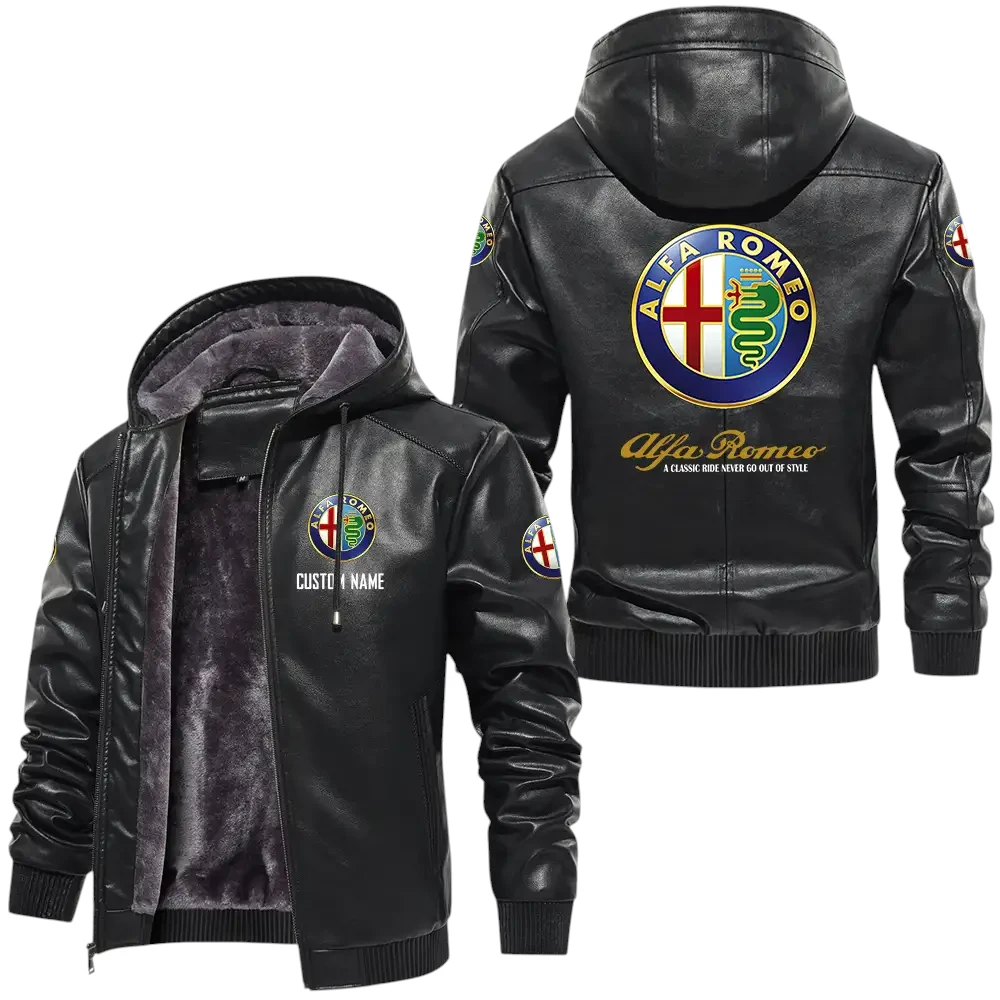 Alfa Romeo PU Leather Hooded Jacket, Mens Durable Windproof Keep Warm Soft Velvet Lined Jacket, Custom Name HG030325Y24LJHALR