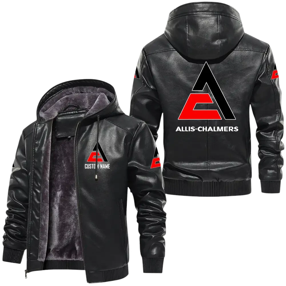 Allis Chalmers PU Leather Hooded Jacket, Mens Durable Windproof Keep Warm Soft Velvet Lined Jacket, Custom Name HG030325Y24LJHALC