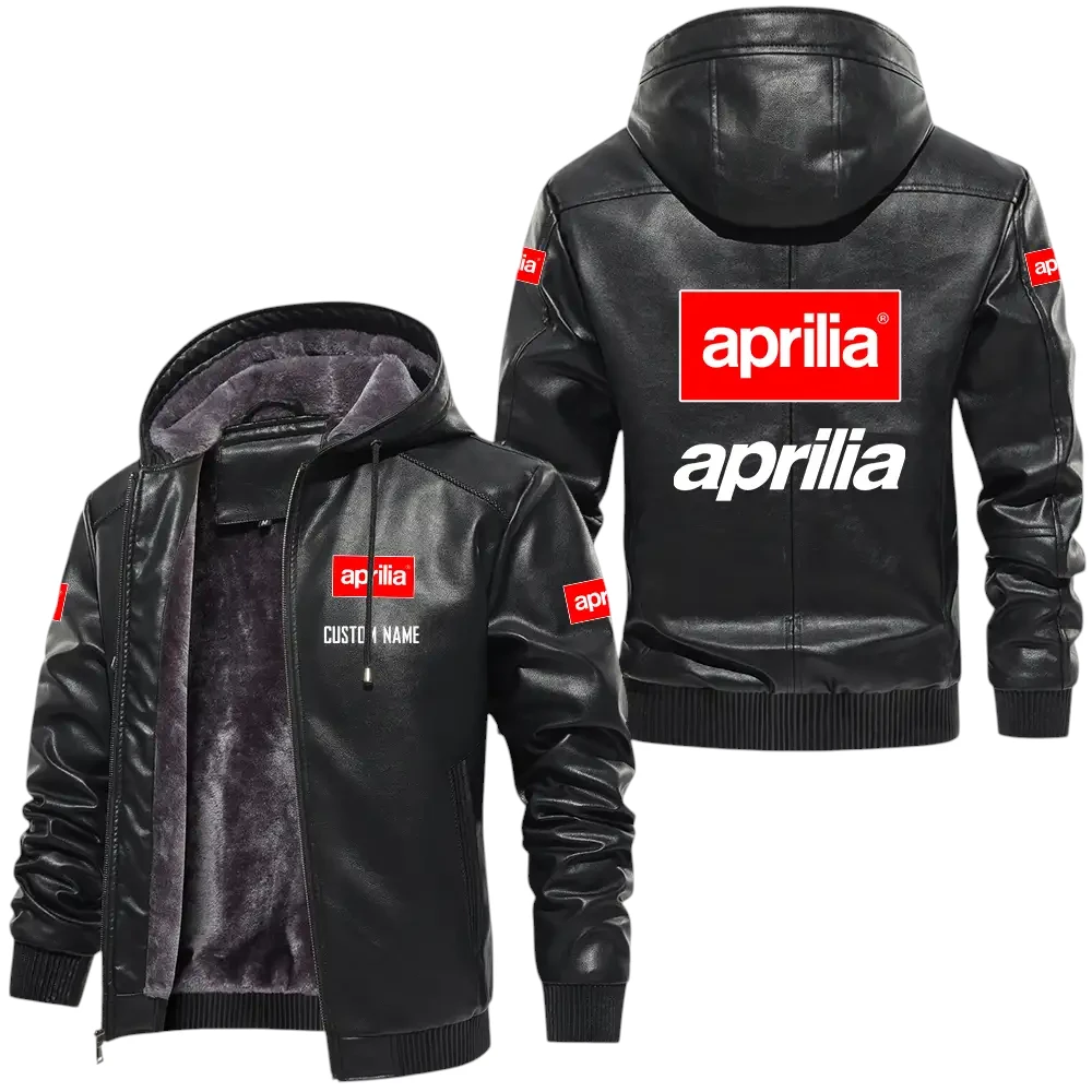 Aprilia PU Leather Hooded Jacket, Mens Durable Windproof Keep Warm Soft Velvet Lined Jacket, Custom Name HG030325Y24LJHAPR