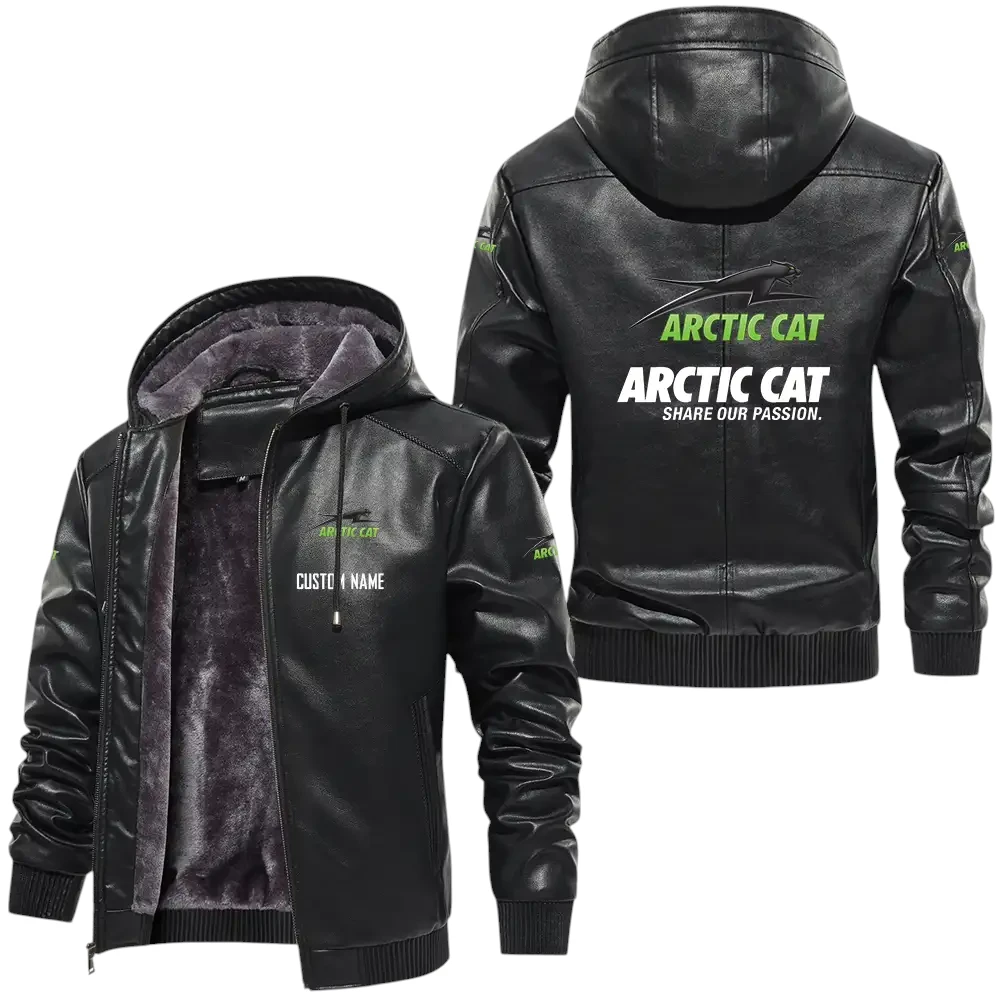 Arctic Cat PU Leather Hooded Jacket, Mens Durable Windproof Keep Warm Soft Velvet Lined Jacket, Custom Name HG030325Y24LJHARC