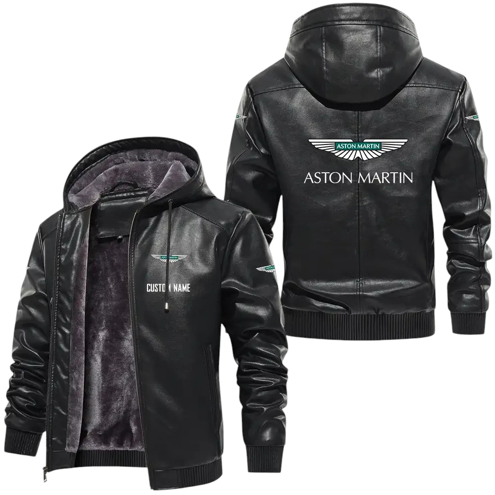 Aston Martin PU Leather Hooded Jacket, Mens Durable Windproof Keep Warm Soft Velvet Lined Jacket, Custom Name HG030325Y24LJHASM