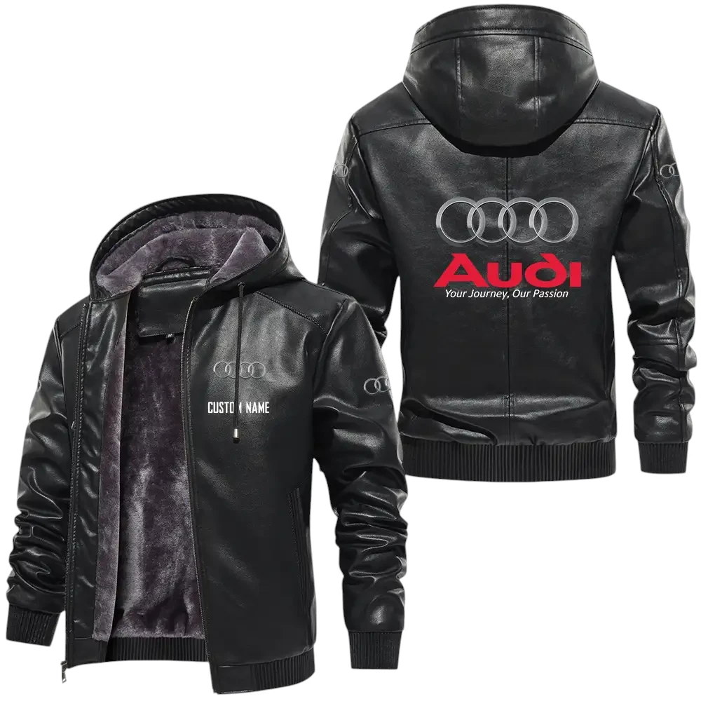 Audi PU Leather Hooded Jacket, Mens Durable Windproof Keep Warm Soft Velvet Lined Jacket, Custom Name HG030325Y24LJHAUD