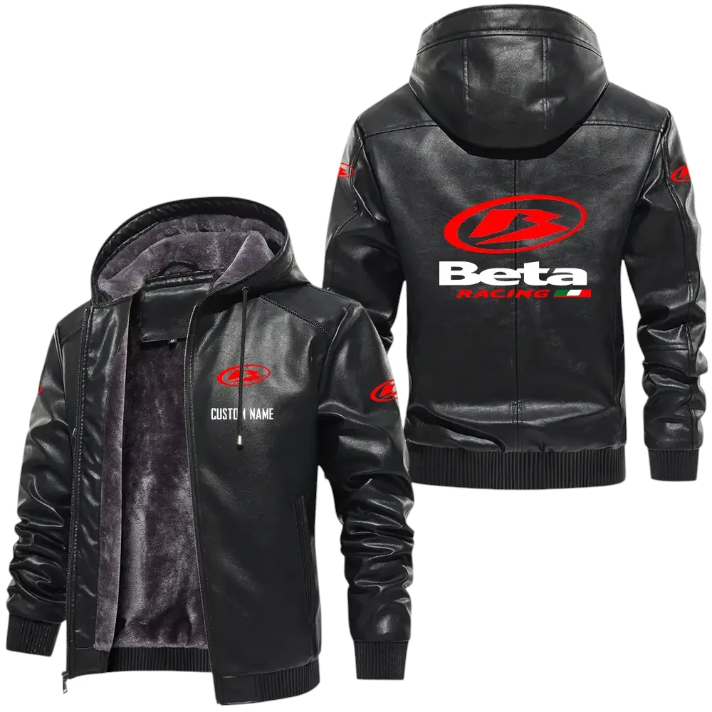 Beta PU Leather Hooded Jacket, Mens Durable Windproof Keep Warm Soft Velvet Lined Jacket, Custom Name HG030325Y24LJH1BET