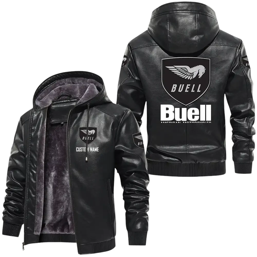 Buell Motorcycles PU Leather Hooded Jacket, Mens Durable Windproof Keep Warm Soft Velvet Lined Jacket, Custom Name HG030325Y24LJH1BUM