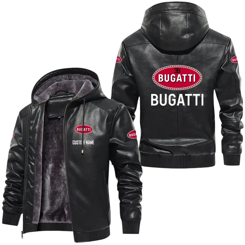 Bugatti PU Leather Hooded Jacket, Mens Durable Windproof Keep Warm Soft Velvet Lined Jacket, Custom Name HG030325Y24LJH1BUG