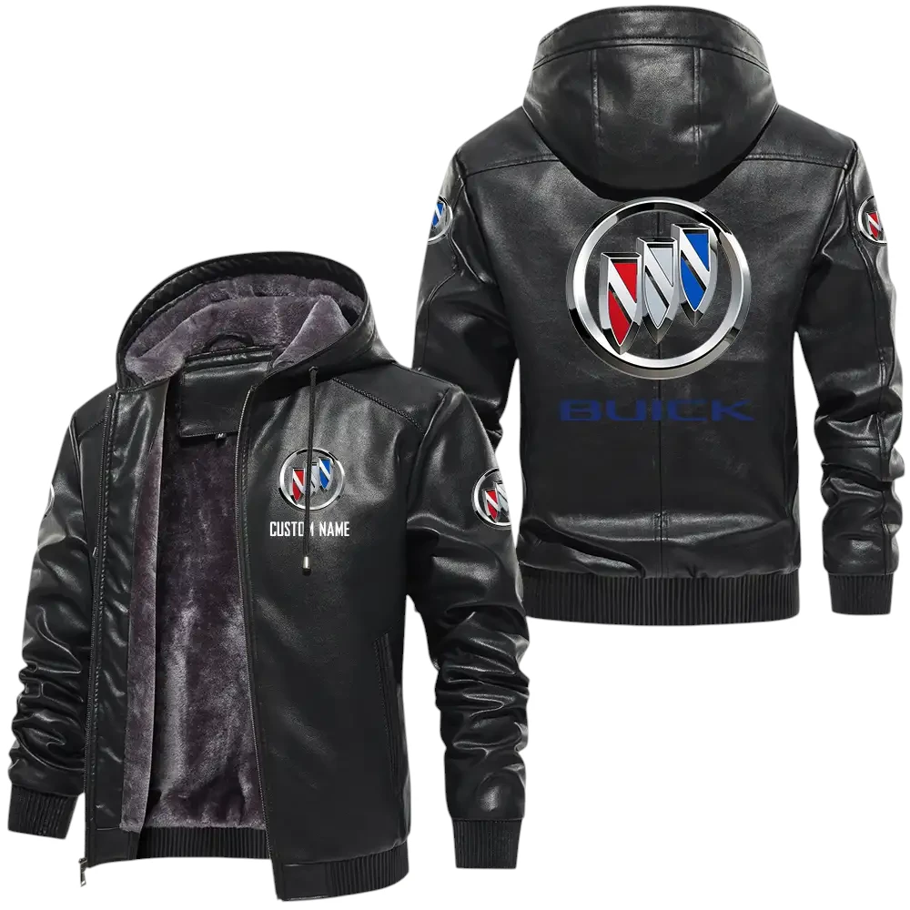 Buick PU Leather Hooded Jacket, Mens Durable Windproof Keep Warm Soft Velvet Lined Jacket, Custom Name HG030325Y24LJH1BUI