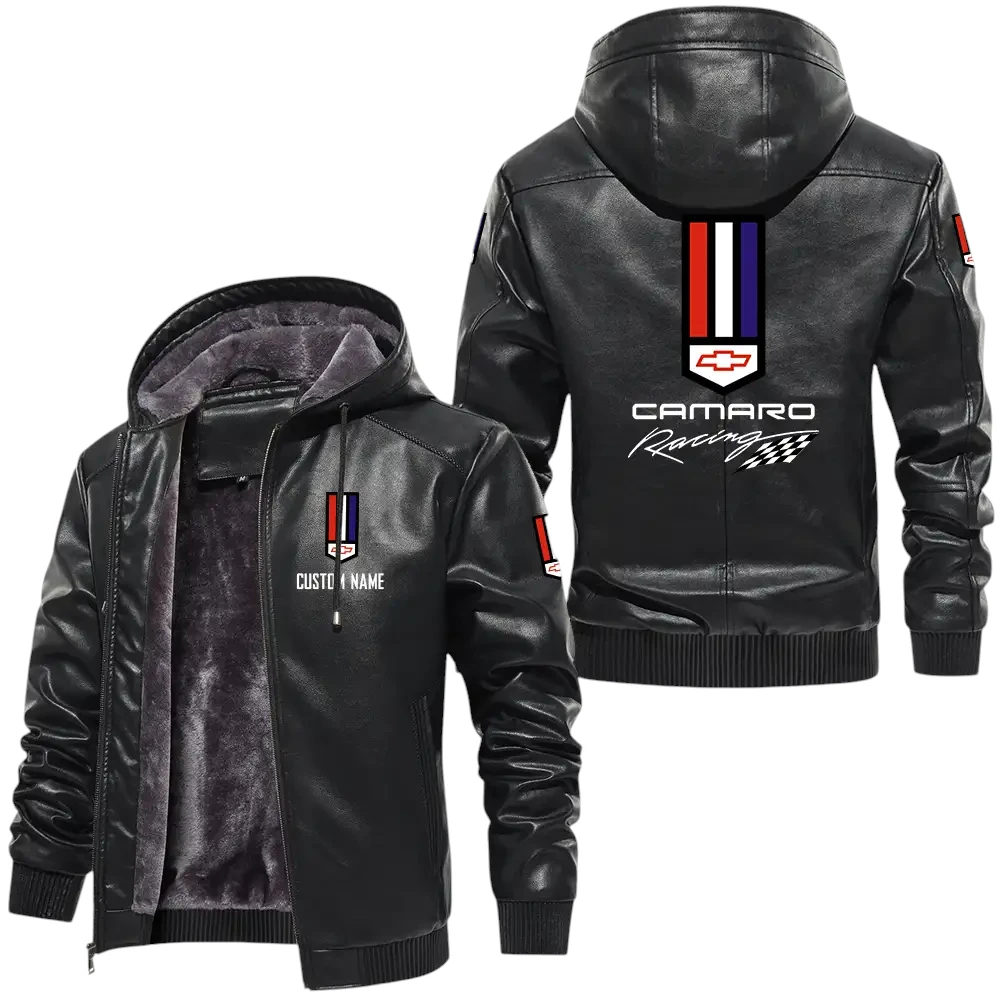 Camaro racing PU Leather Hooded Jacket, Mens Durable Windproof Keep Warm Soft Velvet Lined Jacket, Custom Name HG030325Y24LJH1CAR