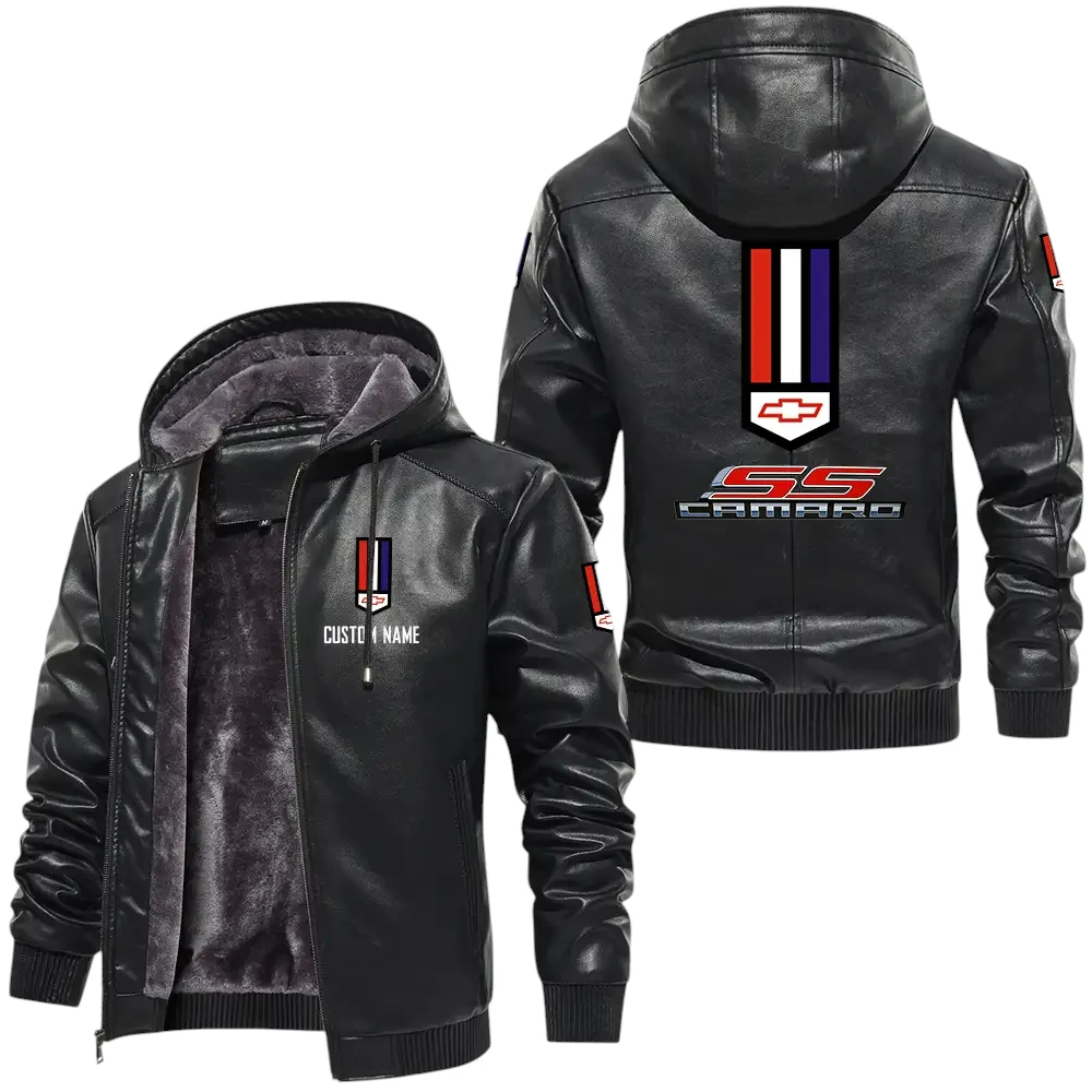 Camaro SS PU Leather Hooded Jacket, Mens Durable Windproof Keep Warm Soft Velvet Lined Jacket, Custom Name HG030325Y24LJH1CAM