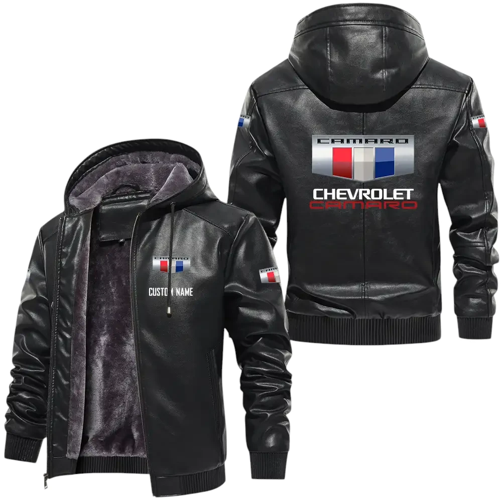 Chevrolet Camaro PU Leather Hooded Jacket, Mens Durable Windproof Keep Warm Soft Velvet Lined Jacket, Custom Name HG030325Y24LJH1CHC
