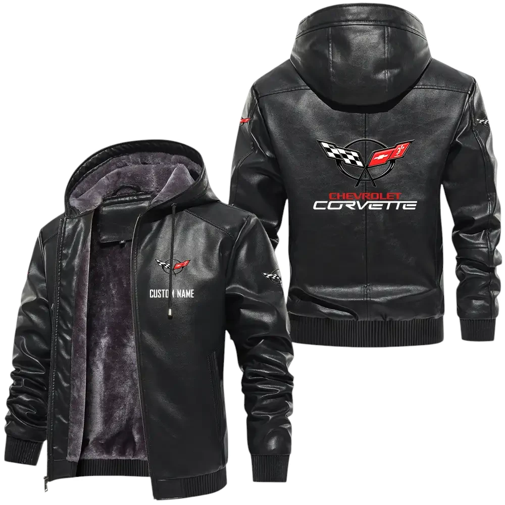 Chevrolet Corvette C5 PU Leather Hooded Jacket, Mens Durable Windproof Keep Warm Soft Velvet Lined Jacket, Custom Name HG030325Y24LJH1CCE