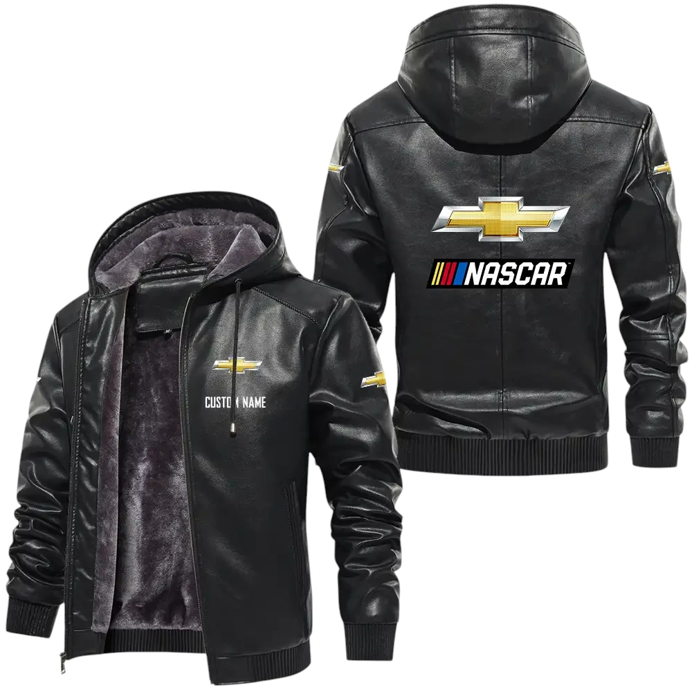 Chevy Nascar PU Leather Hooded Jacket, Mens Durable Windproof Keep Warm Soft Velvet Lined Jacket, Custom Name HG030325Y24LJH1CHN