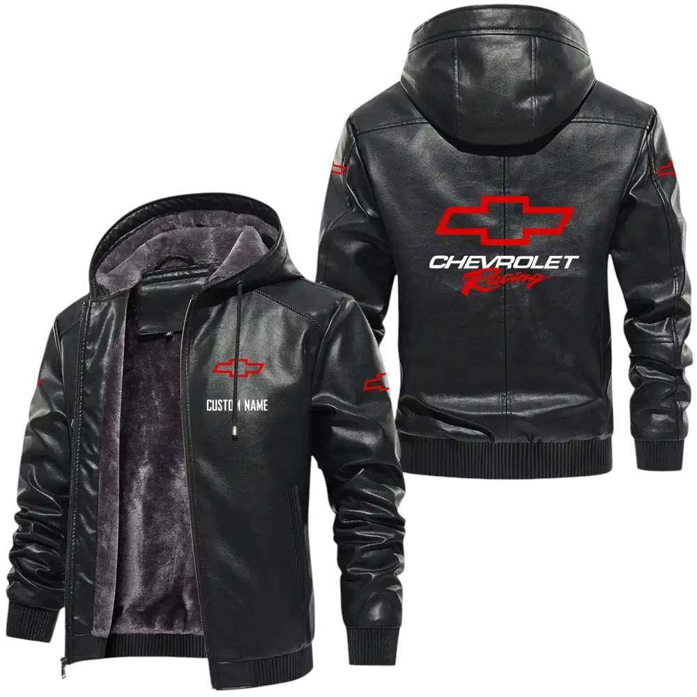 Chevy Racing PU Leather Hooded Jacket, Mens Durable Windproof Keep Warm Soft Velvet Lined Jacket, Custom Name HG030325Y24LJH1CHR