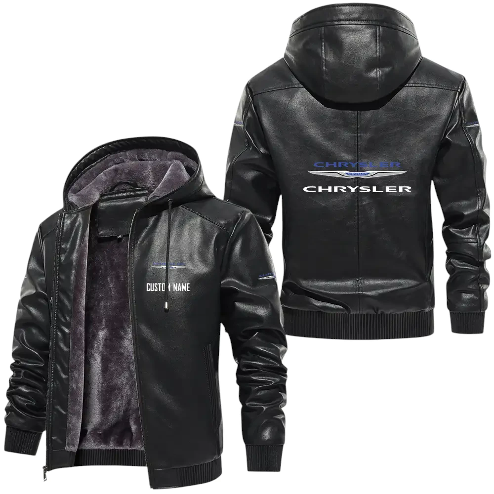 Chrysler PU Leather Hooded Jacket, Mens Durable Windproof Keep Warm Soft Velvet Lined Jacket, Custom Name HG030325Y24LJH2CHR