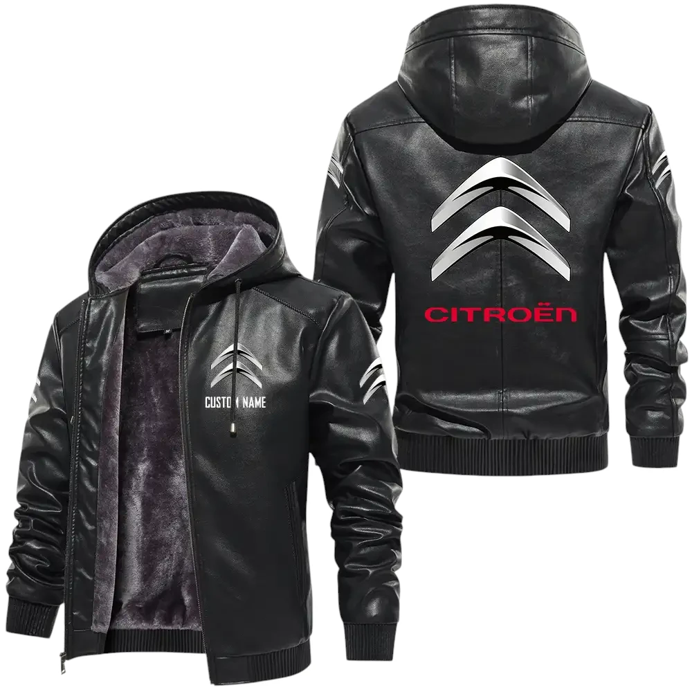 Citroen PU Leather Hooded Jacket, Mens Durable Windproof Keep Warm Soft Velvet Lined Jacket, Custom Name HG030325Y24LJH1CIT