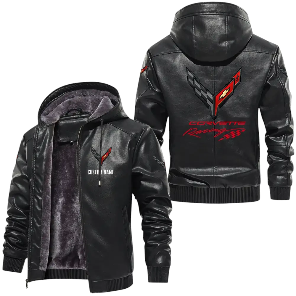 Corvette C8 PU Leather Hooded Jacket, Mens Durable Windproof Keep Warm Soft Velvet Lined Jacket, Custom Name HG030325Y24LJH1COR
