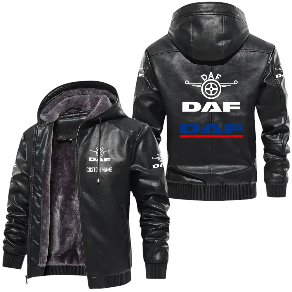 Daf PU Leather Hooded Jacket, Mens Durable Windproof Keep Warm Soft Velvet Lined Jacket, Custom Name HG030325Y24LJH1DAF