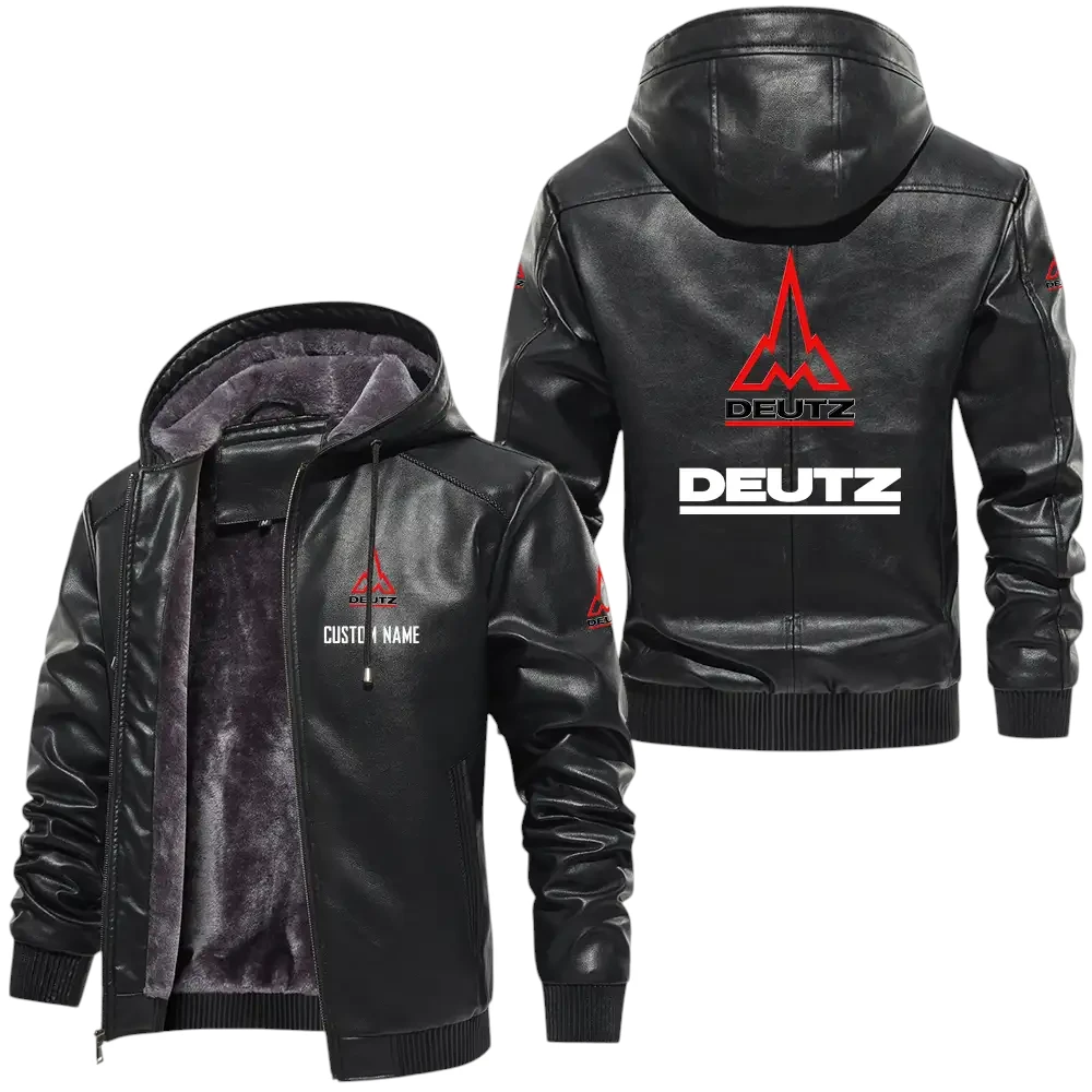 Deutz PU Leather Hooded Jacket, Mens Durable Windproof Keep Warm Soft Velvet Lined Jacket, Custom Name HG030325Y24LJH1DEU