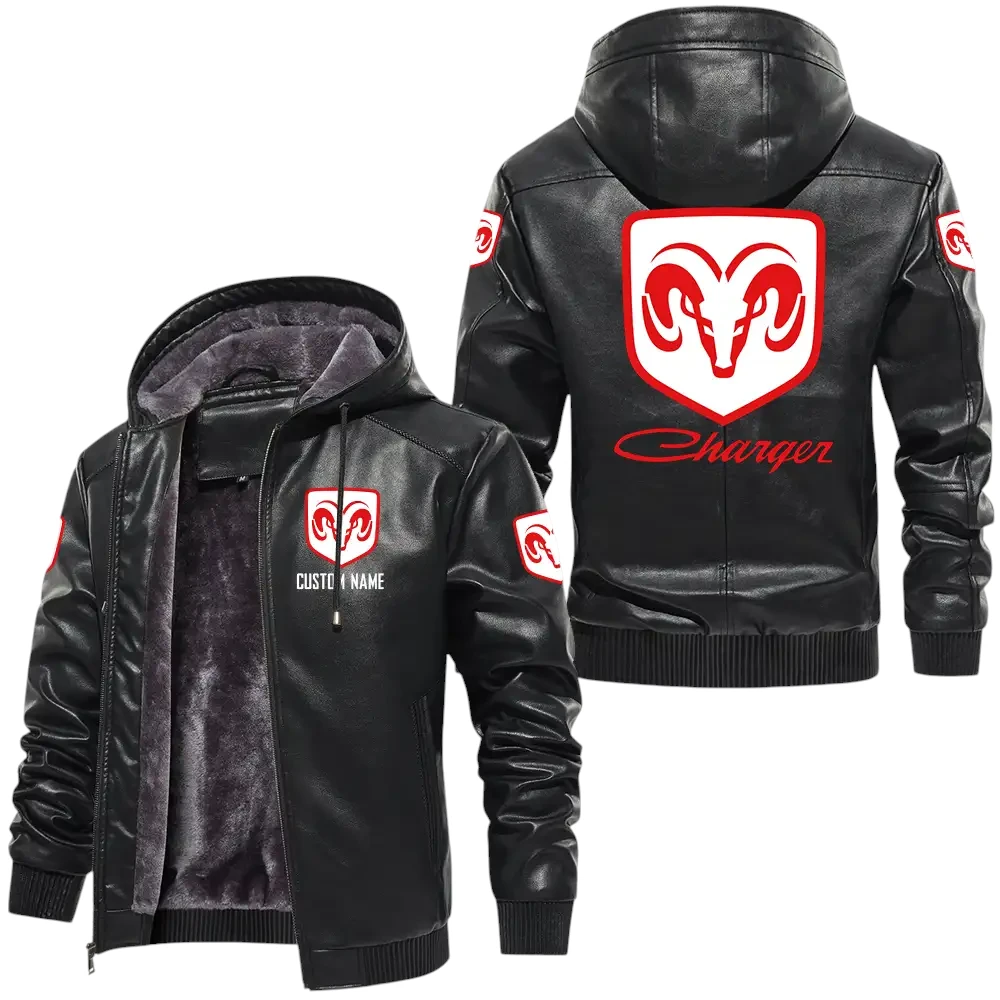 Dodge Charger PU Leather Hooded Jacket, Mens Durable Windproof Keep Warm Soft Velvet Lined Jacket, Custom Name HG030325Y24LJH2DOC