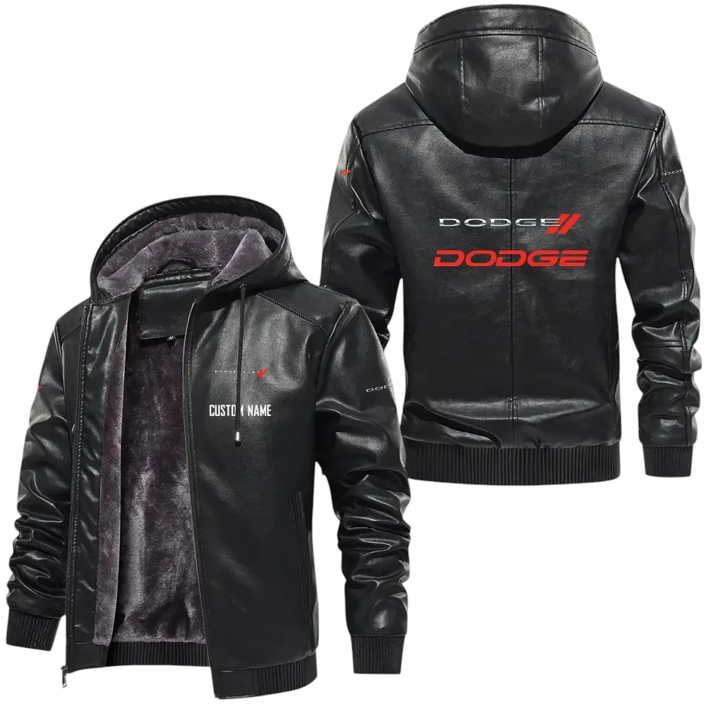 Dodge PU Leather Hooded Jacket, Mens Durable Windproof Keep Warm Soft Velvet Lined Jacket, Custom Name HG030325Y24LJH1DOD