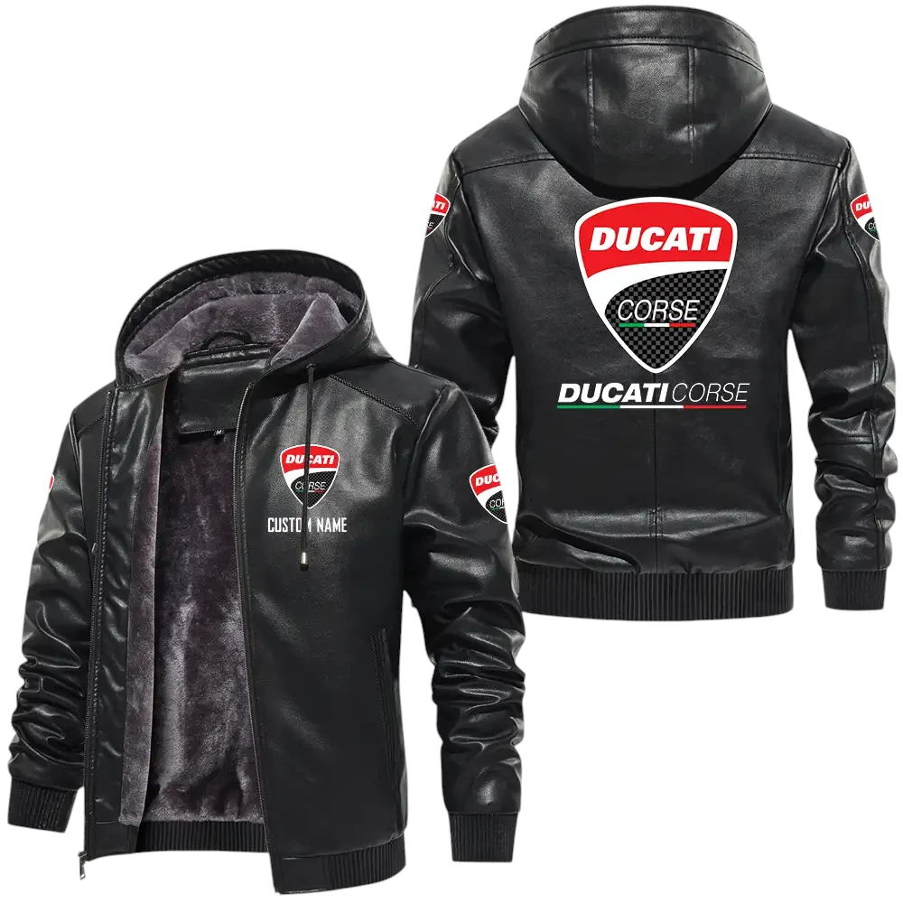 Ducati Corse PU Leather Hooded Jacket, Mens Durable Windproof Keep Warm Soft Velvet Lined Jacket, Custom Name HG030325Y24LJH1DCO