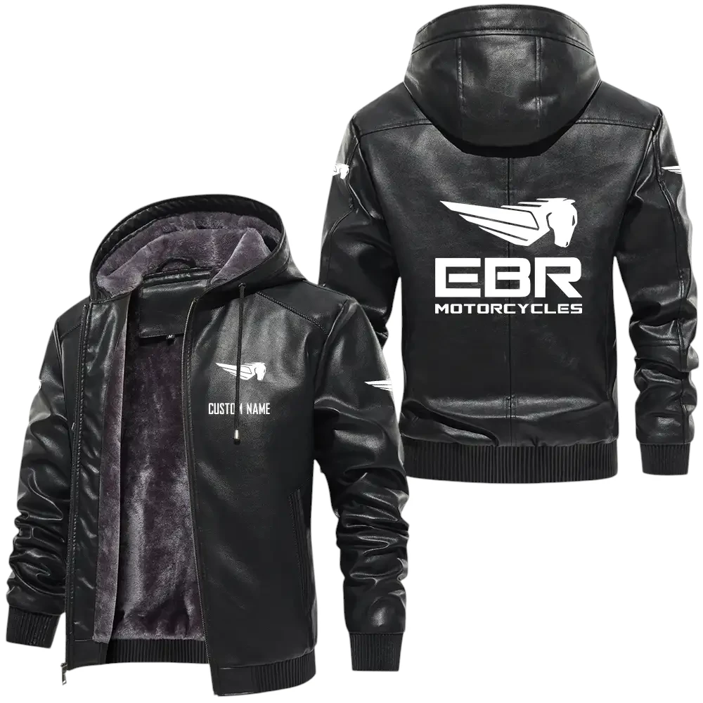 Erik Buell Racing PU Leather Hooded Jacket, Mens Durable Windproof Keep Warm Soft Velvet Lined Jacket, Custom Name HG030325Y24LJH1EBR