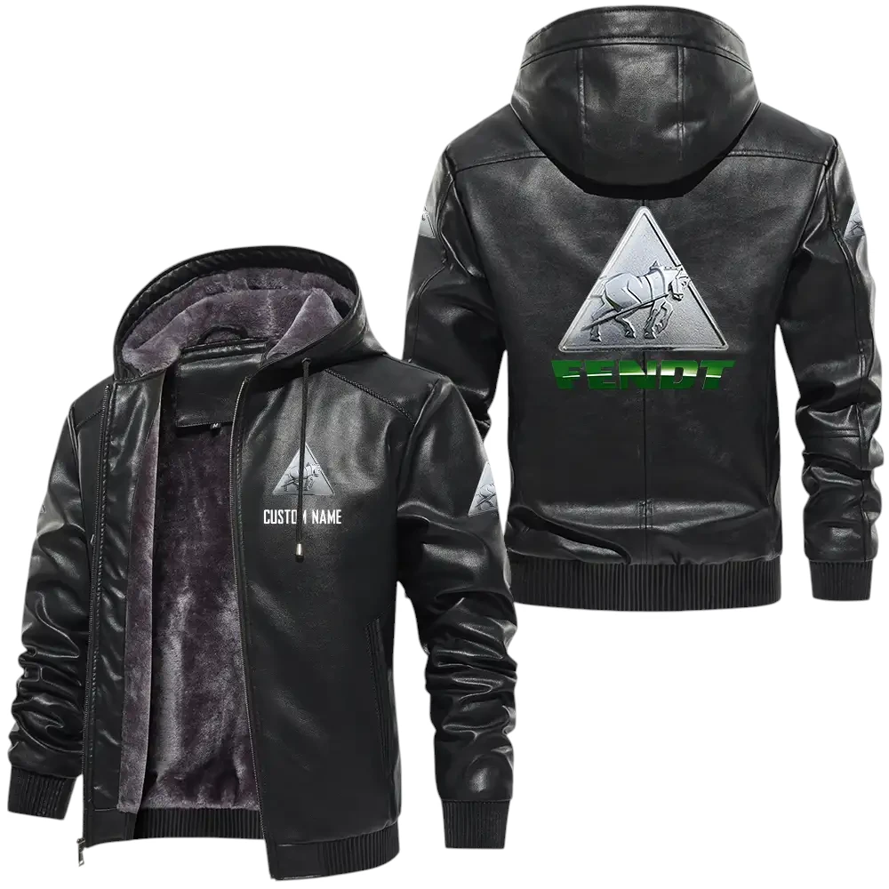 Fendt PU Leather Hooded Jacket, Mens Durable Windproof Keep Warm Soft Velvet Lined Jacket, Custom Name HG030325Y24LJH1FEN