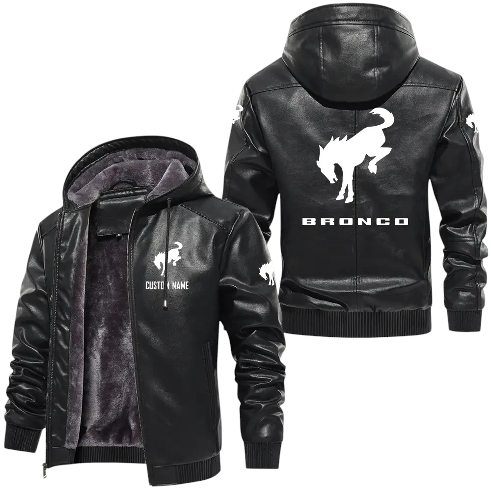Ford Bronco PU Leather Hooded Jacket, Mens Durable Windproof Keep Warm Soft Velvet Lined Jacket, Custom Name HG030325Y24LJH1FOB