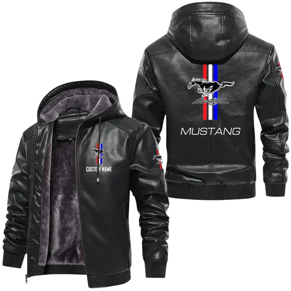 Ford Mustang PU Leather Hooded Jacket, Mens Durable Windproof Keep Warm Soft Velvet Lined Jacket, Custom Name HG030325Y24LJH1MUS