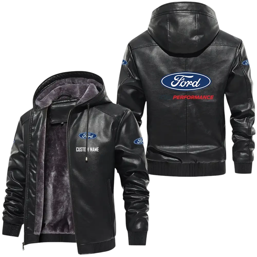 Ford Performance PU Leather Hooded Jacket, Mens Durable Windproof Keep Warm Soft Velvet Lined Jacket, Custom Name HG030325Y24LJH1FOP
