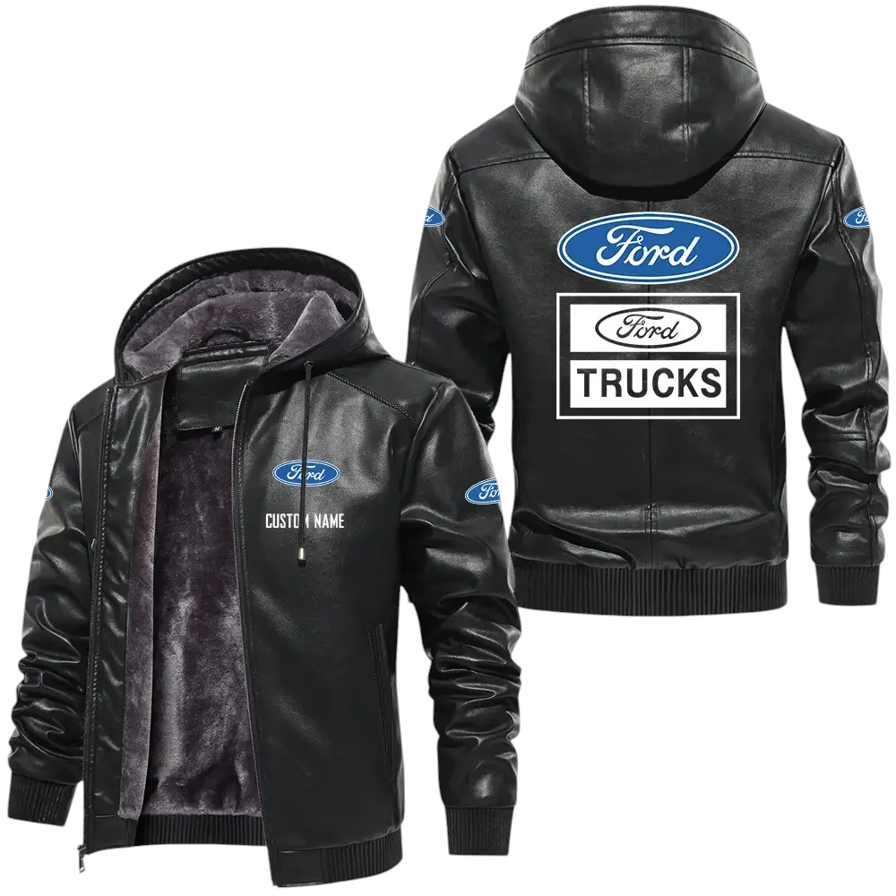 Ford Truck PU Leather Hooded Jacket, Mens Durable Windproof Keep Warm Soft Velvet Lined Jacket, Custom Name HG030325Y24LJH1FOR