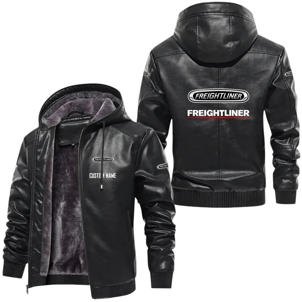 Freightliner PU Leather Hooded Jacket, Mens Durable Windproof Keep Warm Soft Velvet Lined Jacket, Custom Name HG030325Y24LJH1FRE
