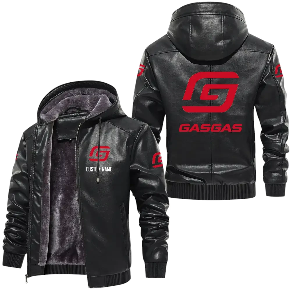 Gas Gas PU Leather Hooded Jacket, Mens Durable Windproof Keep Warm Soft Velvet Lined Jacket, Custom Name HG030325Y24LJH1GAS